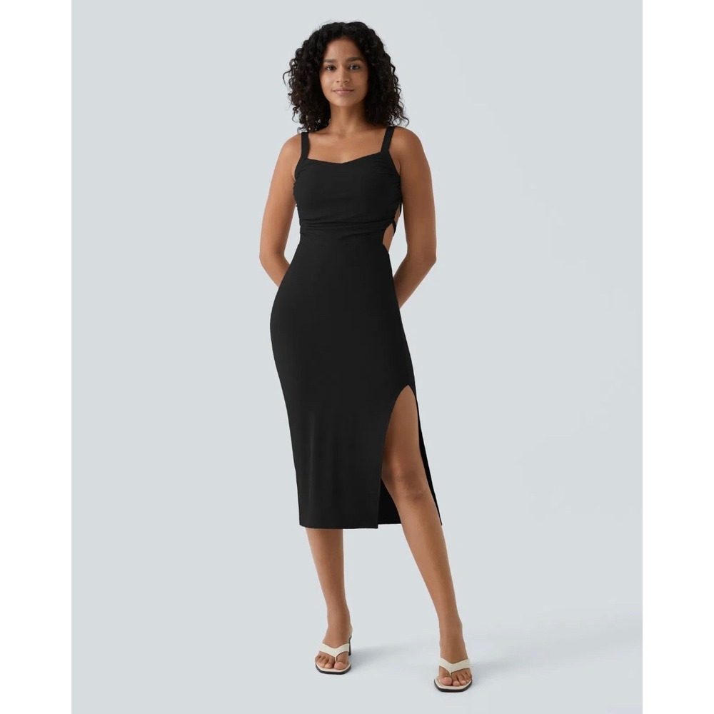 Halara Black Cowl Neck Strappy Open Back Midi Dress Sleeveless Small 0261